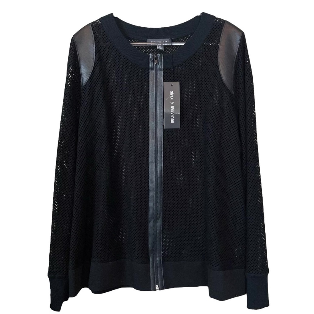 New Buchanan Kang $548 Lambskin Leather Trim Mesh Knit Cardigan Jacket Black Xl